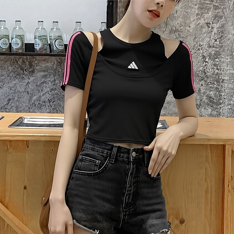 Adidas阿迪达斯夏季黑色露肩短袖T恤女一字肩修身百搭上衣KS2890