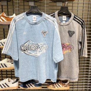 adidas阿迪达斯三叶草棉质牛仔布大号半袖丝印图案短袖T恤 KZ5011