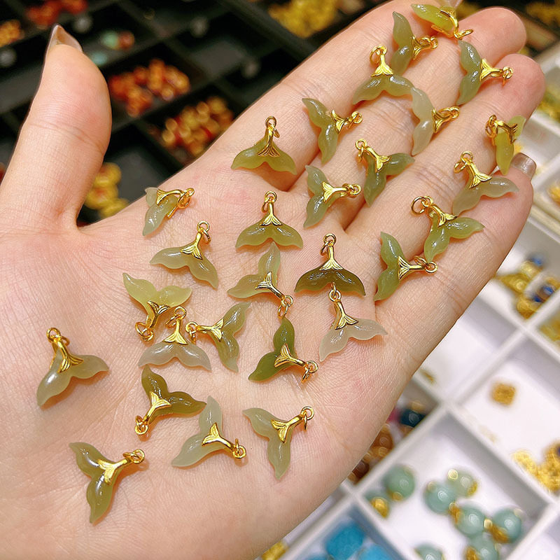 包邮和田玉925银镀金鱼尾手工diy吊坠项链串珠DIY半成品手绳串饰