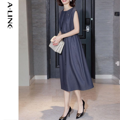 Aline/阿莱牛仔蓝通勤百搭职场知识分子风格直筒连衣裙