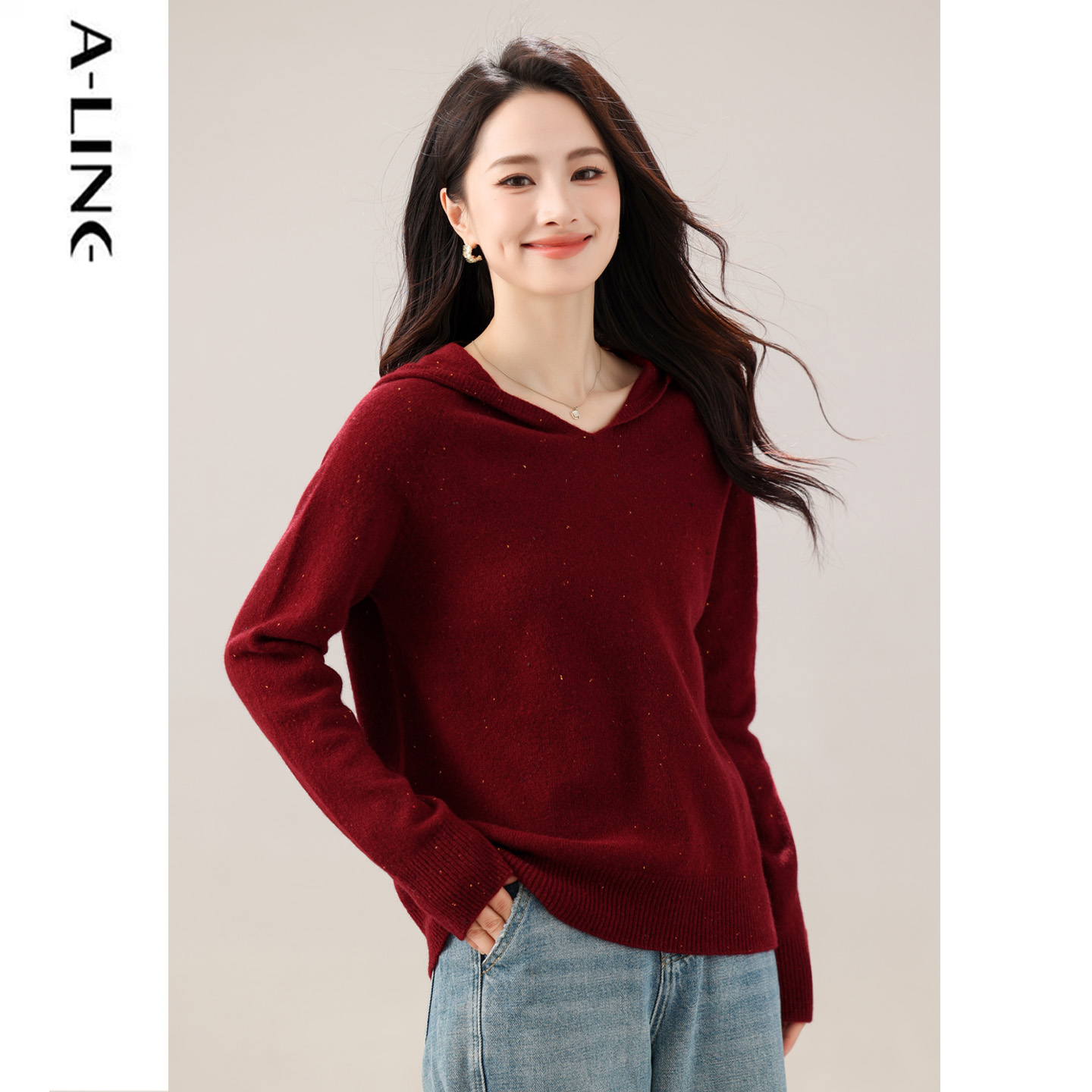 阿莱糖果色V领绵羊毛连帽针织衫