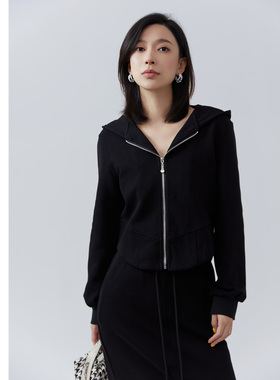 Aline/阿莱酷飒黑色连帽长袖卫衣半身裙两件套 2026早春女装