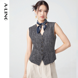 Aline/阿莱灰色职场通勤亚麻马甲 2026早春女装