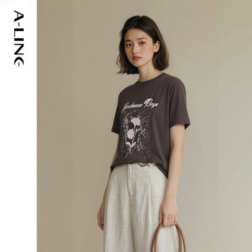 Aline/阿莱粉咖色系印花短袖T恤女夏季新款圆领宽松上衣
