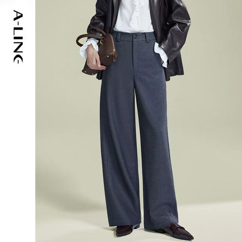Aline/阿莱秋季新款灰色/米色裤子上班穿高智风直筒裤