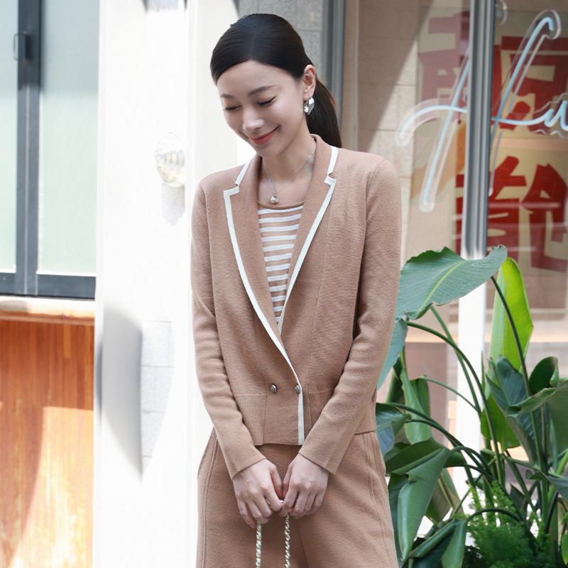 Aline/阿莱新职场女性进口纱线简约优雅针织套装假两件上衣
