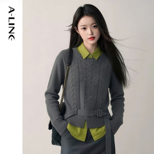 Aline/阿莱复古风绞花针织衫衬衫两件套 时尚穿搭