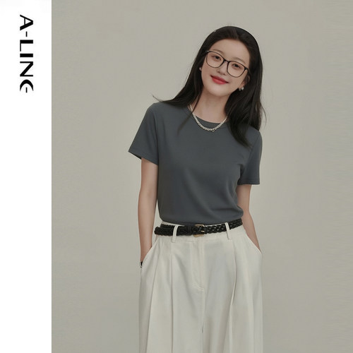 Aline/阿莱极简风灰色短袖T恤女正肩基础款莱赛尔棉简约上衣