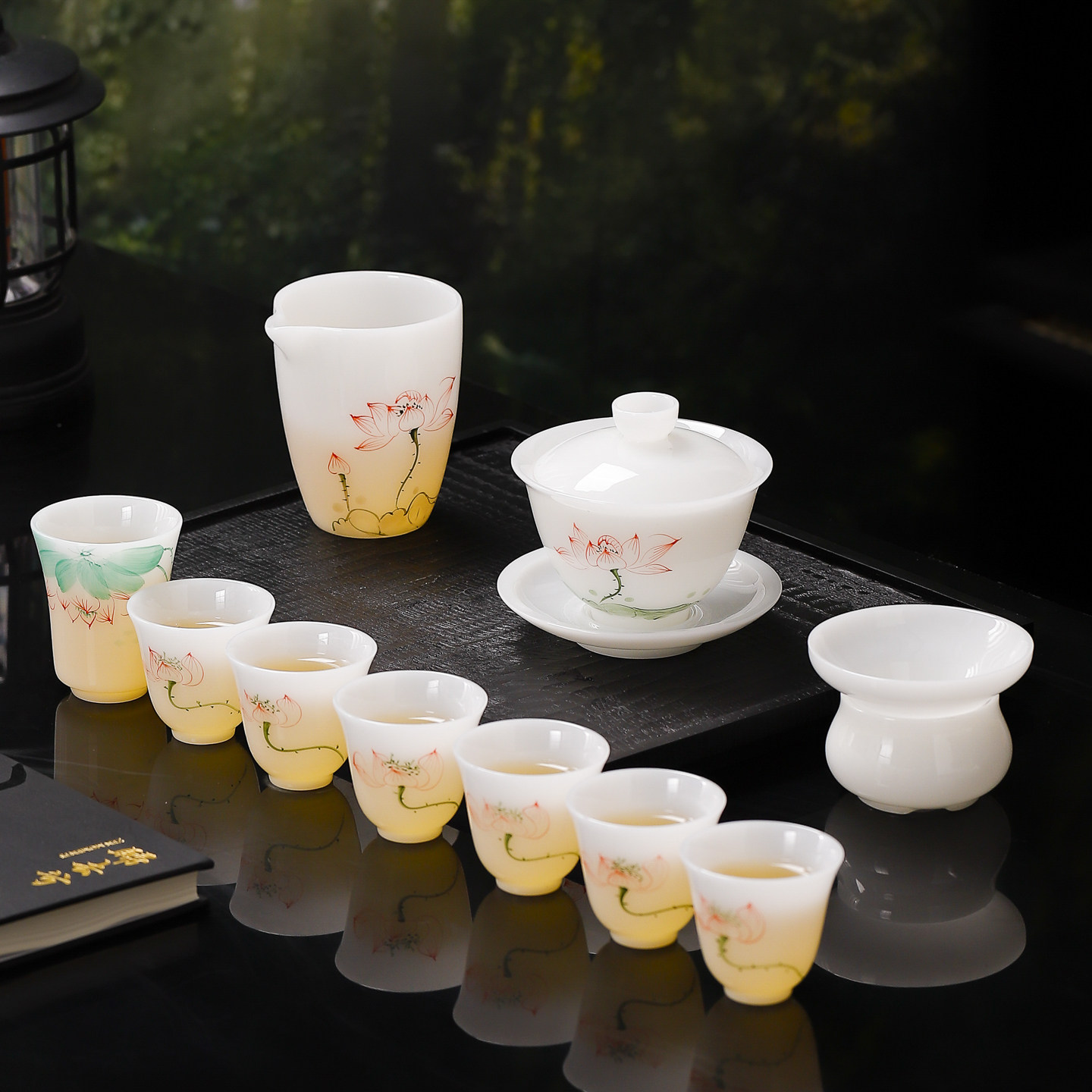 茗峰德化白瓷功夫茶具套装手绘冰种璞玉瓷家用办公室陶瓷盖碗茶杯