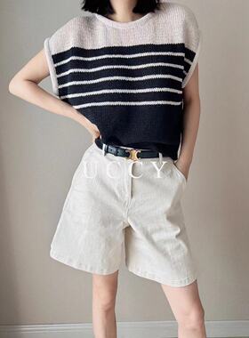 UCCY｜布利斯条纹撞色_法式慵懒上衣｜圆领宽松黑白镂空针织背心