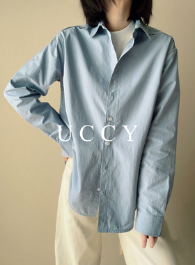 UCCY ｜T*te同款极简OL风100%棉府绸_雾霾蓝简约宽松经典刺绣衬衫