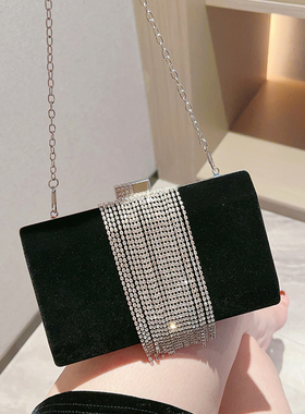 黑色流苏手拿包水钻晚宴小包包女搭配礼服的包高级丝绒小方包斜跨