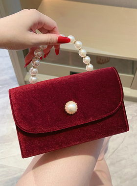 复古珍珠手提小方包女丝绒名媛晚宴包高级手拿包单肩斜挎时尚女包