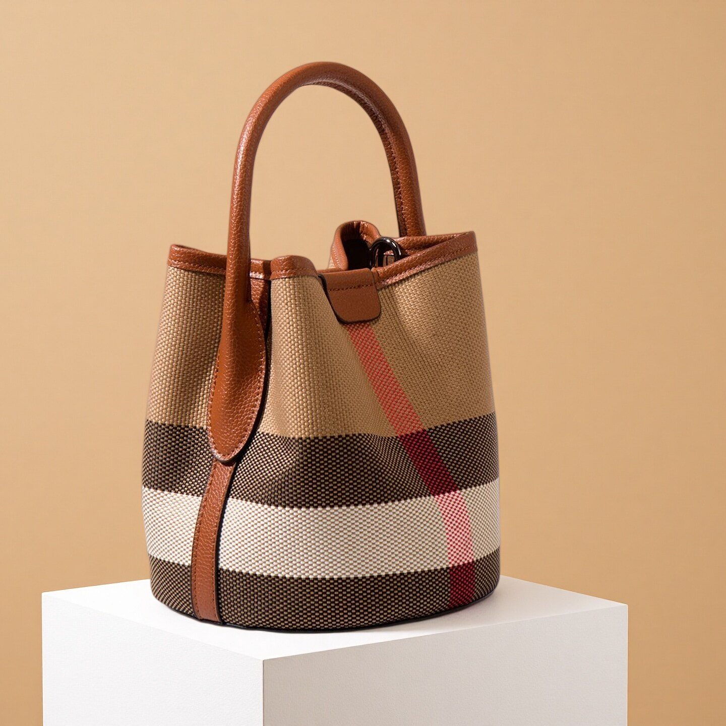 高级感格子迷你帆布小包水桶包子母包时尚休闲女包手提单肩斜挎包