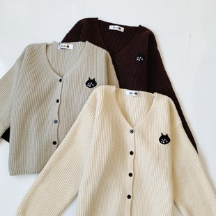 毛衣女 宽松针织开衫 日系25秋冬新款 刺绣惊讶猫简约百搭V领经典