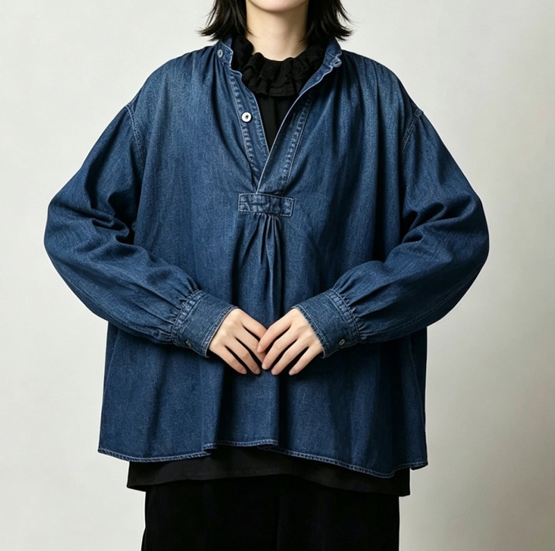 日系26新款45牛仔布拼接衬衫半领2粒扣慵懒风百搭衬衫上衣女