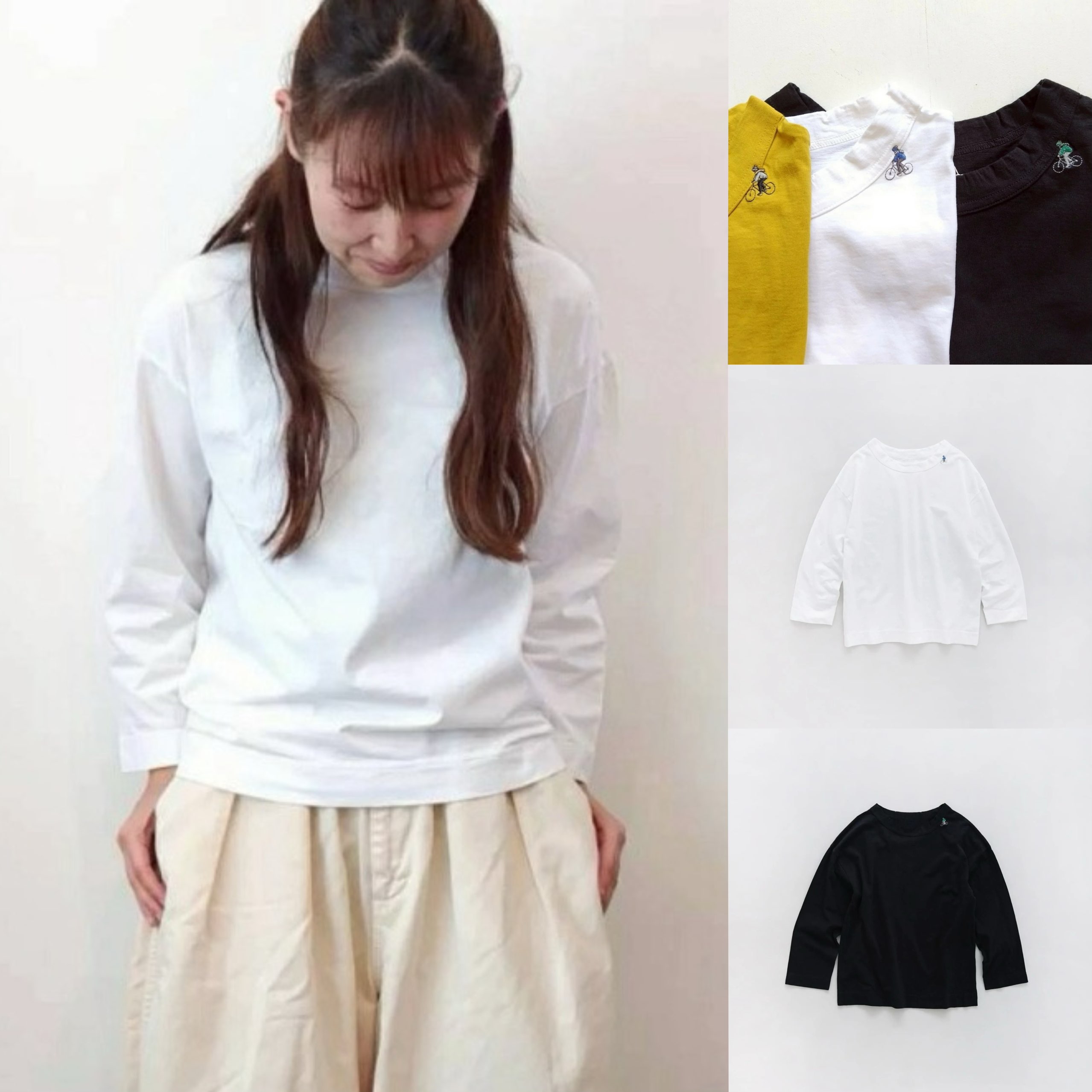 日系25秋冬新款精致自行车刺绣纯棉舒适百搭9分袖T恤