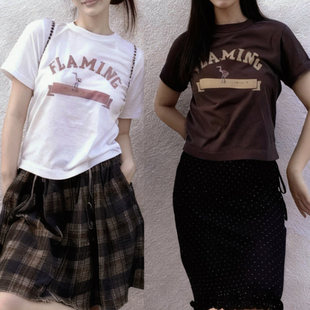 日系26新款45精致刺绣火烈年字母印花竹节棉洋气百搭显瘦短袖T恤