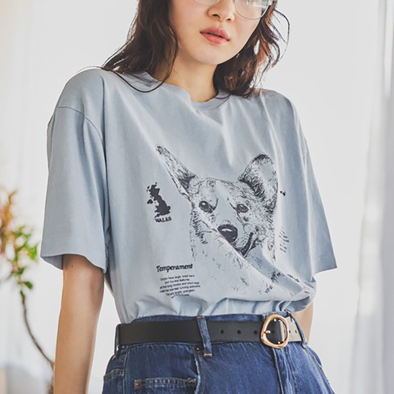 日系26新款哈巴狗印花刺绣字母甜美个性洋气百搭宽松纯棉短袖T恤