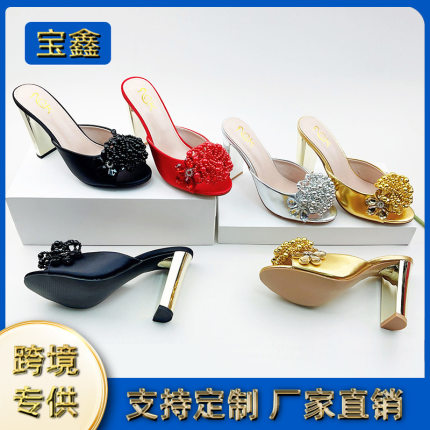 跨境时尚女鞋圆头高跟鞋欧美凉拖宴会水钻绝美细跟露趾高跟拖鞋