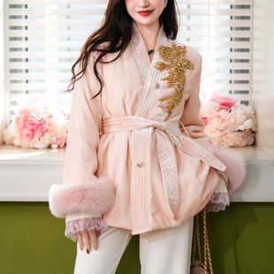 浴袍款鹅绒真丝丝绒重工钉珠袖口进口狐狸毛白鹅绒羽绒服国风外套