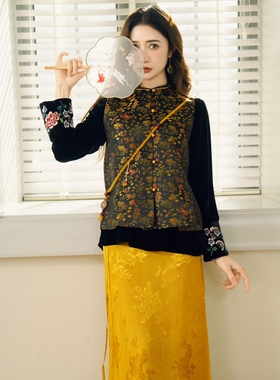 高端真丝宋锦黑色斜襟新中式马甲背心女贵气高级感国风桑蚕丝上衣