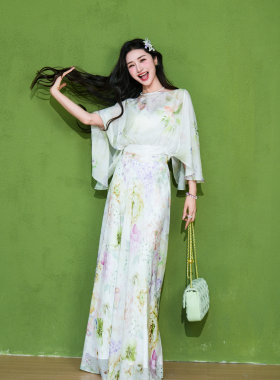 100%桑蚕丝彩花卉套装女 斗篷式真丝上衣高腰阔腿长裙轻奢两件套