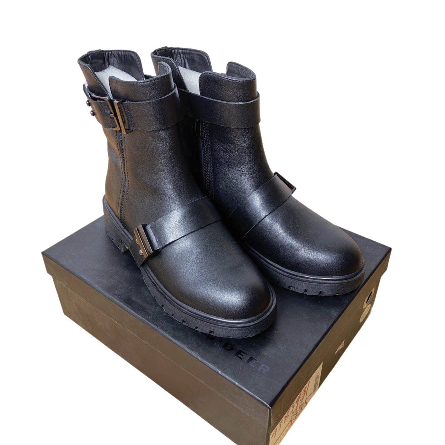 圣迪家金属扣粗跟骑士靴马丁靴