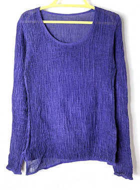 圣迪家正品女士圆领套头慵懒风褶皱设计长袖宽松亚麻T恤0557