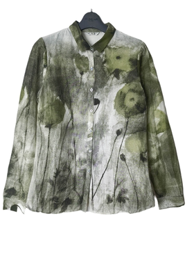 SD正品女士时尚休闲风水墨晕染印花苎麻长袖衬衫0576