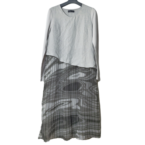 圣迪家印花褶皱亚麻长袖连衣裙