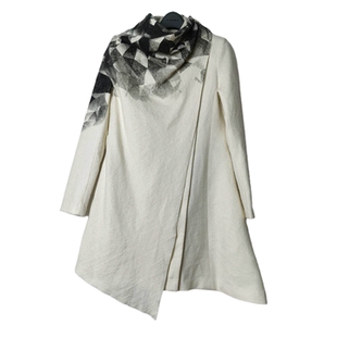 SD正品折扣女士不对称几何印花不规则优雅毛呢中长款大衣外套1828