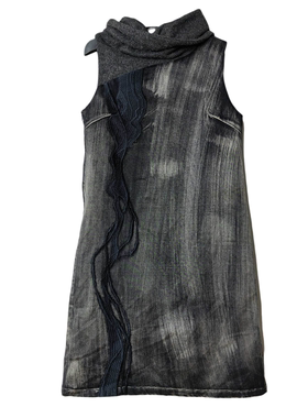 SD正品折扣女士休闲简约百搭修身绣花堆堆领无袖牛仔连衣裙1285