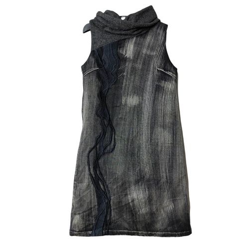 圣迪家修身堆堆领绣花无袖牛仔裙