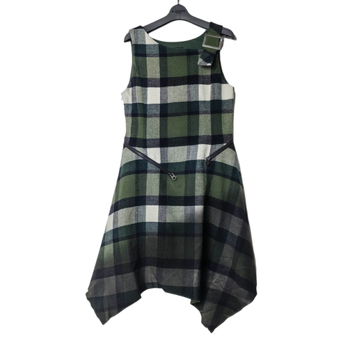 圣迪家拼接吊带格纹羊毛连衣裙