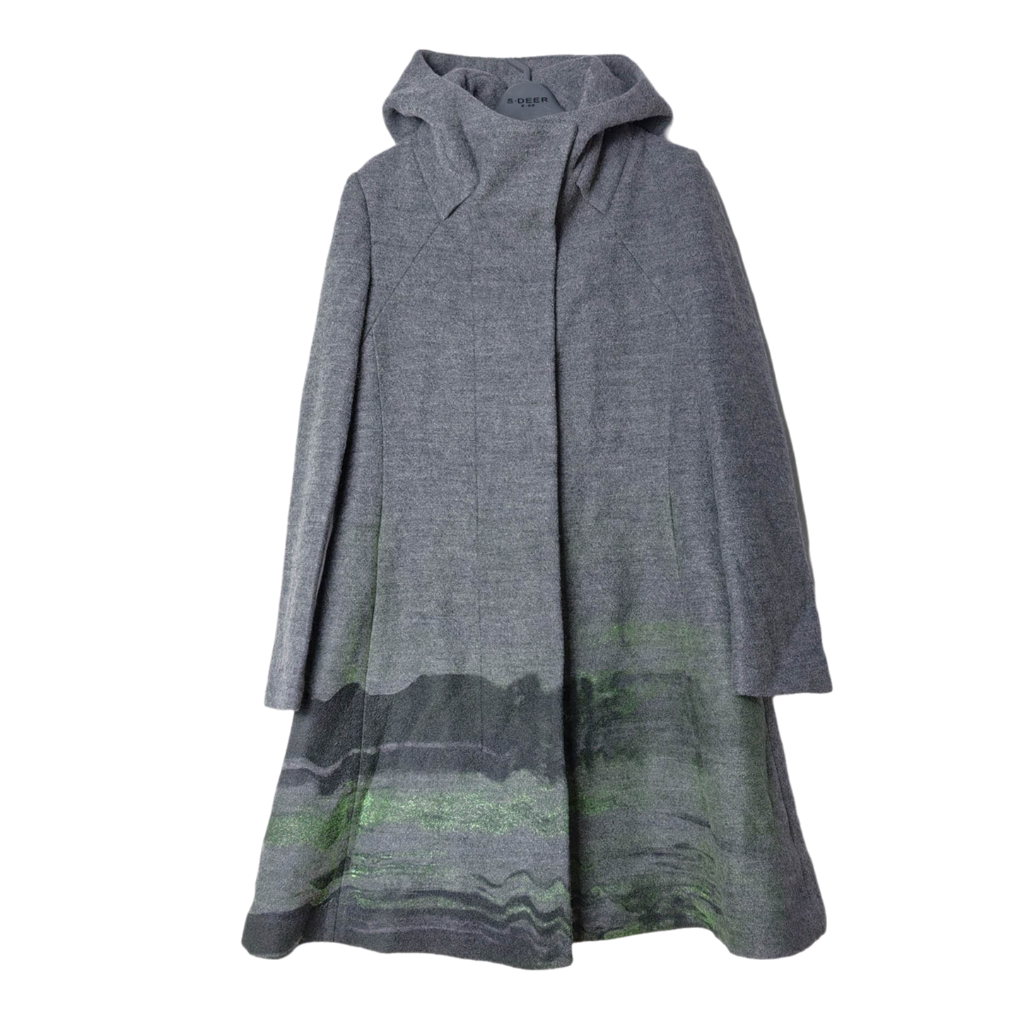 正品折扣女士经典灰印花宽松连帽羊毛呢中长款大衣外套1829