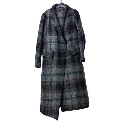 圣迪个性设计不规则格纹羊毛大衣