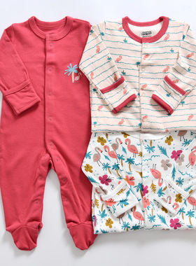 mamaspapas包脚连体衣男女宝宝哈衣纯棉新生婴儿爬服睡衣3件套装