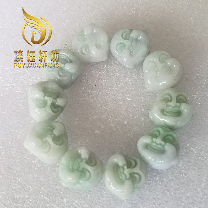 天然缅甸翡翠A货手工雕刻弥勒佛佛头男士款玉手链手串珠宝玉石珠