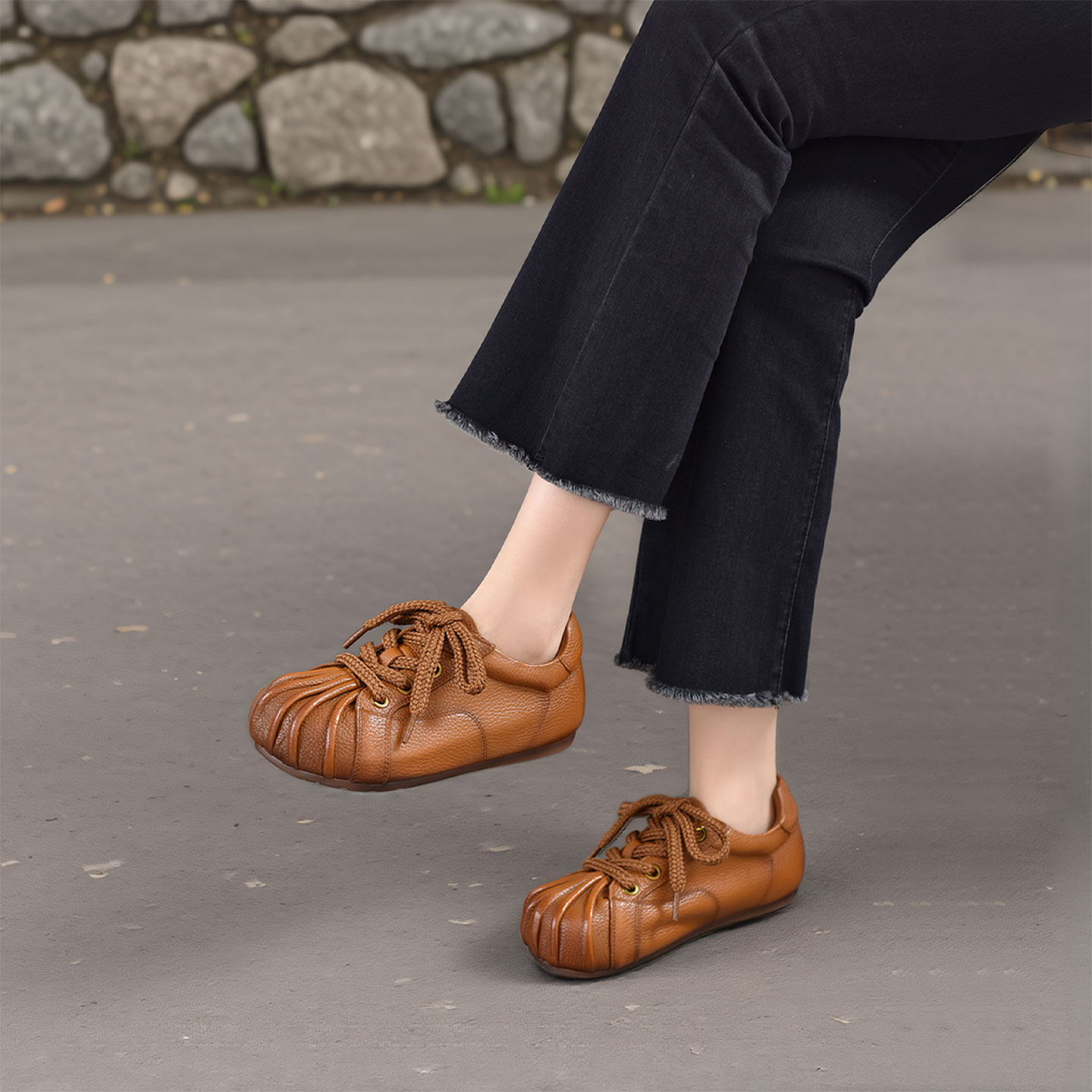 四起哥2026春复古风真皮女鞋圆头平底深口单鞋系带休闲鞋头层牛皮