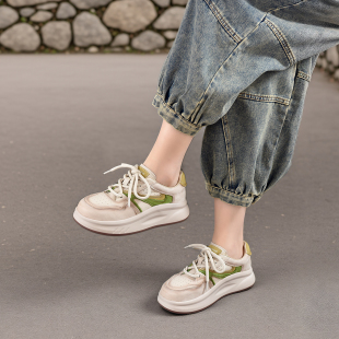 女系带休闲运动 拼色厚底德训鞋 四起哥2026春秋新款 头层牛皮休闲鞋