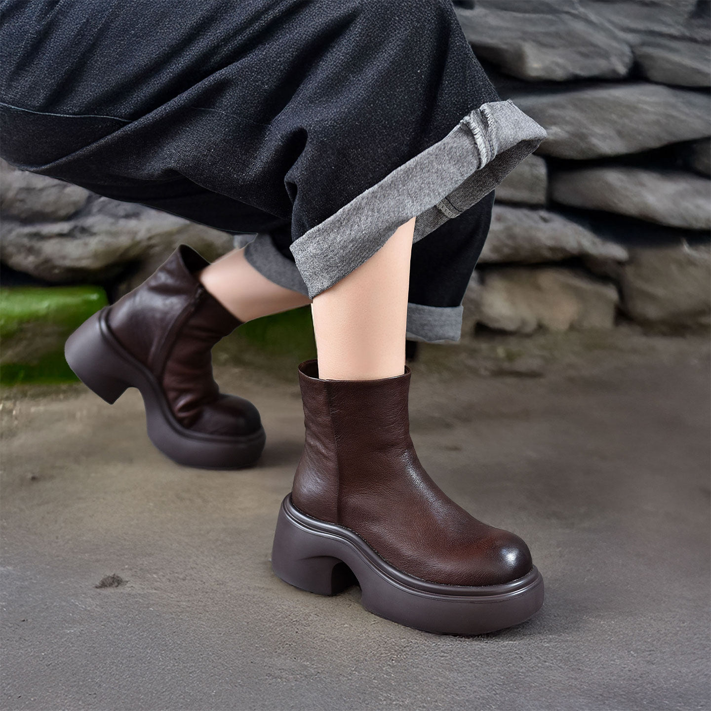 四起哥2025秋冬新款头层牛皮棉靴烟筒靴女手工真皮轻奢厚底短靴女,女鞋,烟筒靴,淘宝优惠券,粉丝福利购,淘宝优惠卷