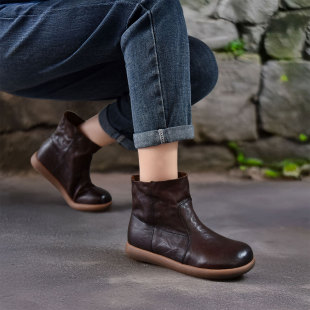 女轻奢短靴女靴 头层牛皮复古骑士靴真皮休闲鞋 四起哥2025秋季 新款