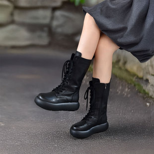 四起哥2025秋冬新款头层牛皮厚底中筒靴马丁靴女手工真皮轻奢女靴