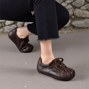四起哥2026春复古风真皮女鞋圆头平底深口单鞋系带休闲鞋头层牛皮