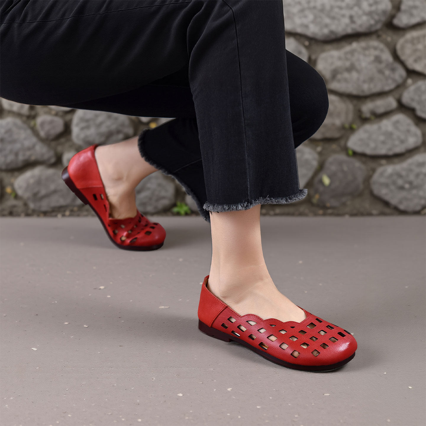 四起哥镂空洞洞鞋女2026夏季头层牛皮平底软底防滑凉鞋真皮舒适潮