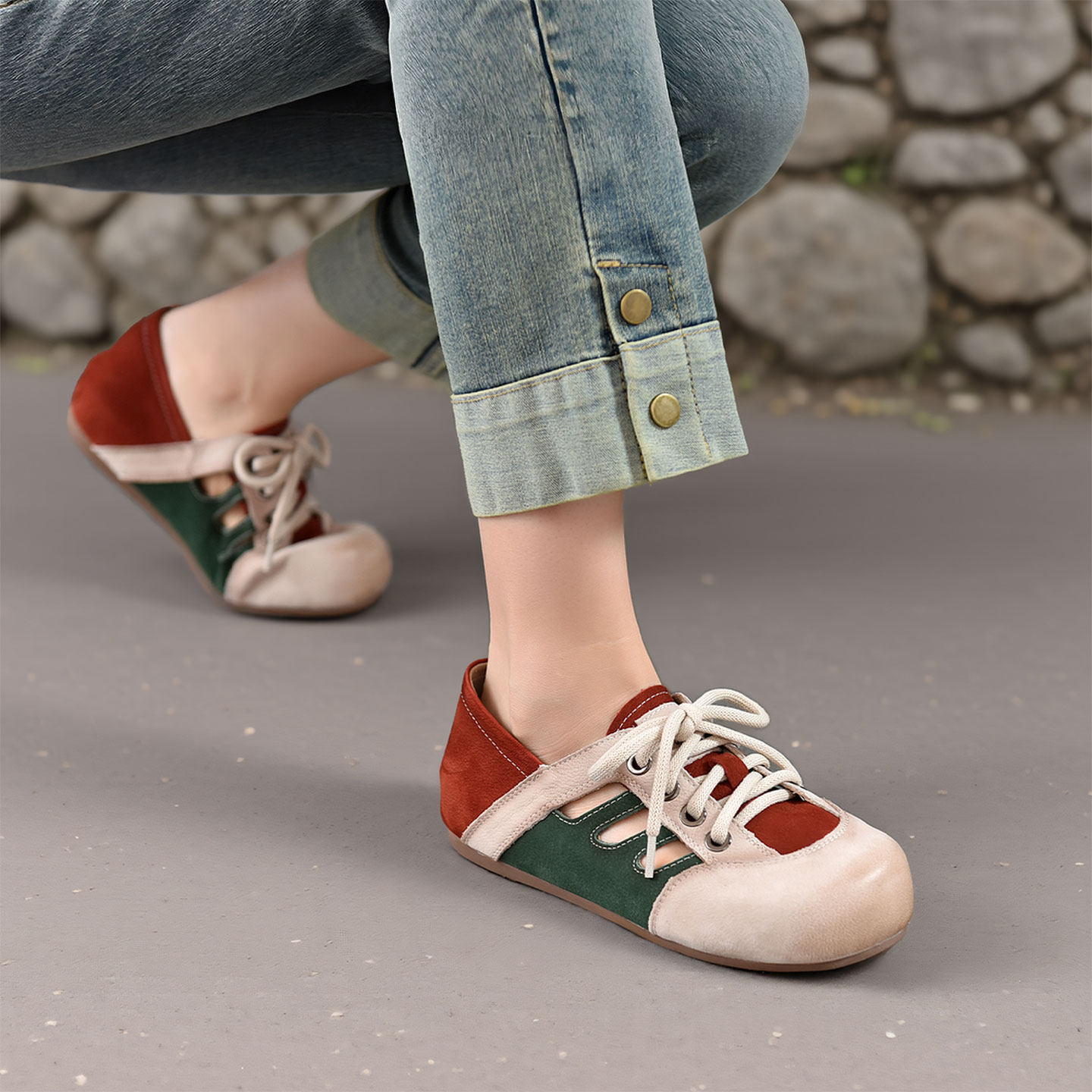 2026春夏头层牛皮拼色德训鞋女交叉绑带圆头休闲鞋百搭复古女鞋潮