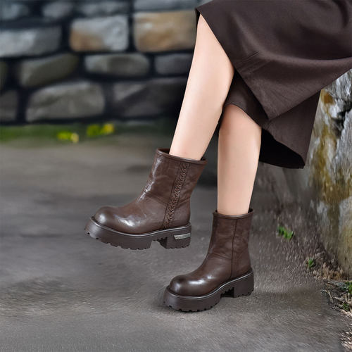 英伦圆头深棕色手工真皮厚底冬季