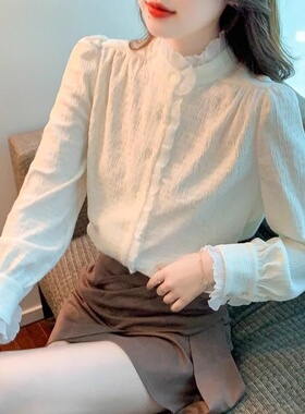 潮牌蕾丝打底衫立领雪纺衬衫女士