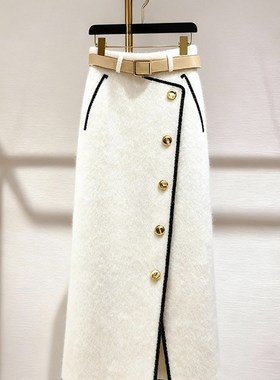 今年流行白色半身裙女冬季名媛高腰显瘦遮胯中长款斜排扣开叉裙子